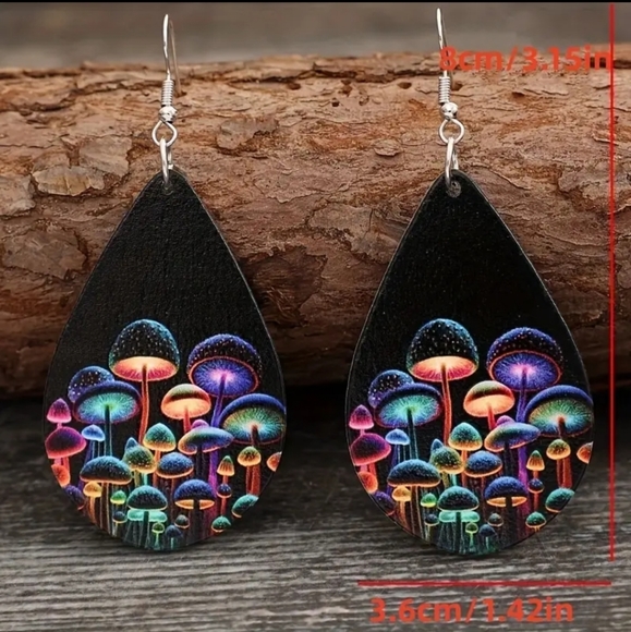 Fluorescent Mushroom Water Drop Design Dangle.Earrings Simple Leisure Style Wood - Picture 4 of 6